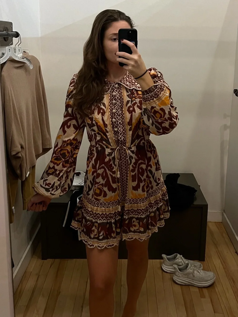 Farm Rio Boho Printed Long-Sleeve Mini Dress in Burgundy and Mustard - Picture 2 of 6